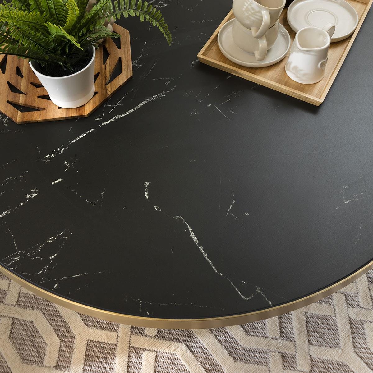 Quatropi Large Round Ceramic Marble Coffee Table with Metal Trim - 100cm Black