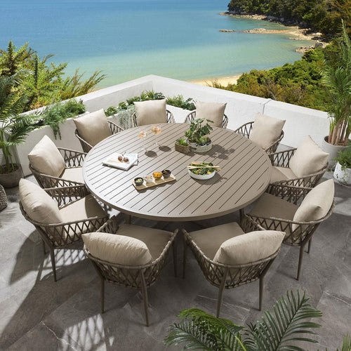 Verity & Sun Round 10 Seater Outdoor Garden Dining Set Beige Aluminium
