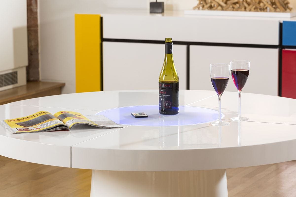 Quatropi Large Round White Gloss Dining Table Glass lazy susan LED lighting 1.4