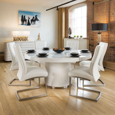 Quatropi Large Round White Gloss Dining Table Lazy Susan, 6 White Chairs 4110