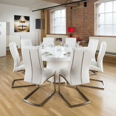 Quatropi Large Round White Gloss Dining Table Lazy Susan, 8 White Chairs 4110
