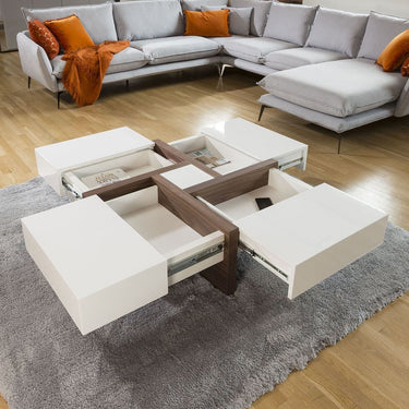 Quatropi Large Square Coffee Table with Storage Drawers Gloss White 100cm