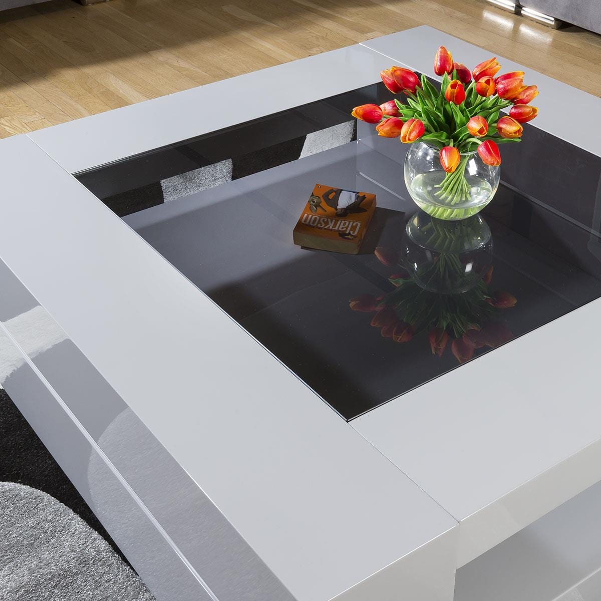 Quatropi Large Square Grey Gloss Coffee / Lamp / Side Table Glass Top Modern