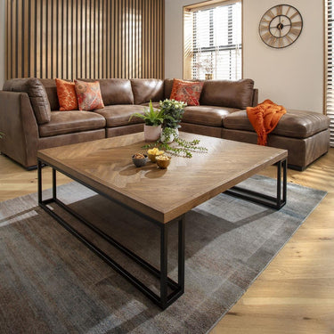 Quatropi Large Square Wooden Coffee Table Parquet Industrial Metal Legs 120cm