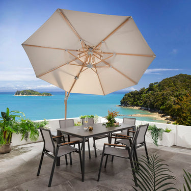 Quatropi Large Tilting Outdoor Garden Cantilever Parasol with Base Wood-Effect Taupe 300cm