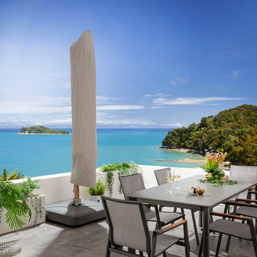 Quatropi Large Tilting Outdoor Garden Cantilever Parasol with Base Wood-Effect Taupe 300x400cm