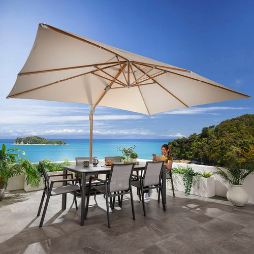 Sun Large Tilting Outdoor Garden Cantilever Parasol Wood-Effect & Taupe 300x400cm