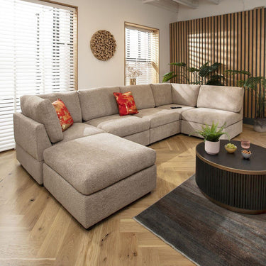 Quatropi Large U Shape Corner Sofa Footstool Chaise 6 Seat Modular Beige Boucle