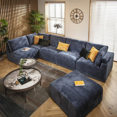 Quatropi Large U Shape Corner Sofa Footstool Chaise 6 Seater Modular Blue