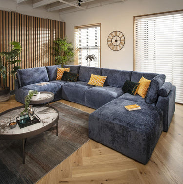 Quatropi Large U Shape Corner Sofa Footstool Chaise 6 Seater Modular Blue