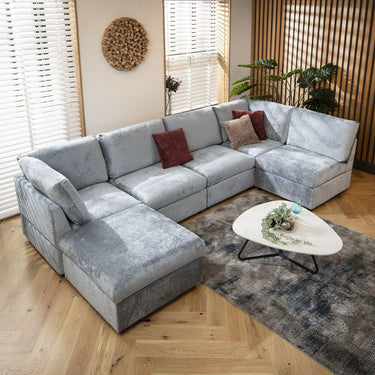 Quatropi Large U Shape Corner Sofa Footstool Chaise 6 Seater Modular Blue
