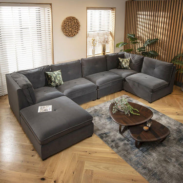Quatropi Large U Shape Corner Sofa Footstool Chaise 6 Seater Modular Grey Velvet