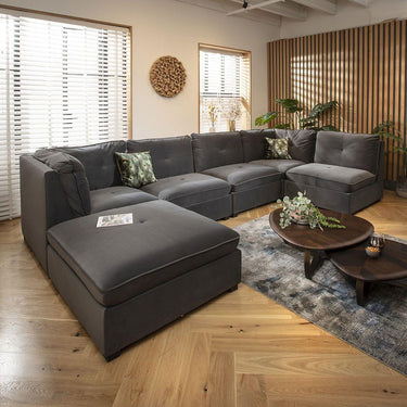 Quatropi Large U Shape Corner Sofa Footstool Chaise 6 Seater Modular Grey Velvet