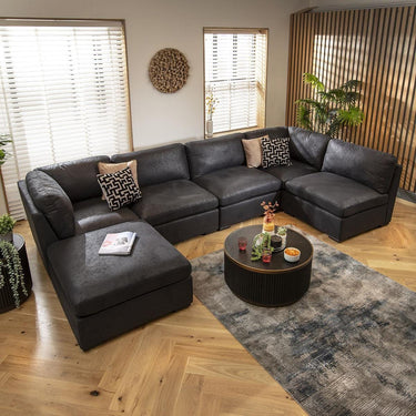 Quatropi Large U Shape Corner Sofa Footstool Chaise 6 Seater Modular Set Black