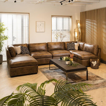 Quatropi Large U Shape Corner Sofa Footstool Chaise 6 Seater Modular Set Brown 6L