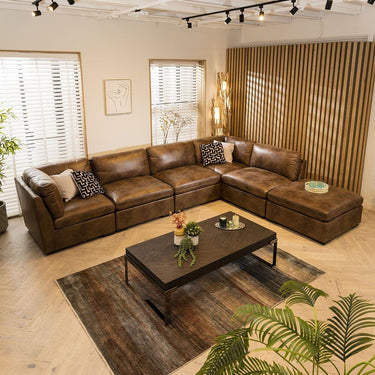 Quatropi Large U Shape Corner Sofa Footstool Chaise 6 Seater Modular Set Brown 6L