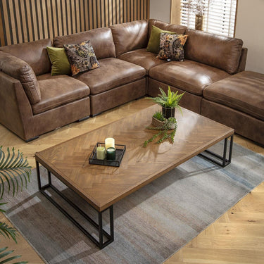 Quatropi Large Wooden Coffee Table Herringbone Industrial Metal Legs 160x90cm