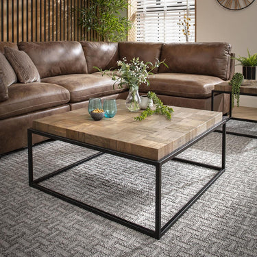 Quatropi Large Wooden Square Coffee Table Industrial Reclaimed Oak Metal 90cm