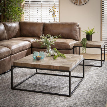 Quatropi Large Wooden Square Coffee Table Industrial Reclaimed Oak Metal 90cm