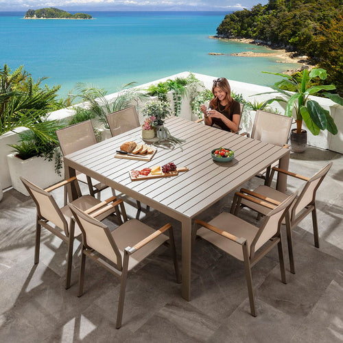 Leno & Atlas 8 Seater Extendable Outdoor Garden Dining Set Beige Aluminium & Textilene