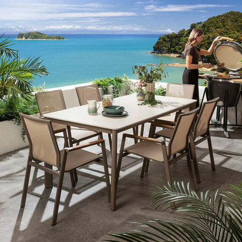 Leno & Pharos 6 Seater Ceramic Outdoor Garden Dining Set Beige Aluminium