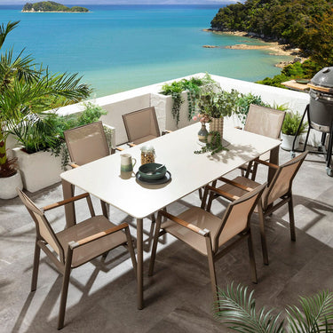 Quatropi Leno & Pharos 6 Seater Ceramic Outdoor Garden Dining Set Beige Aluminium