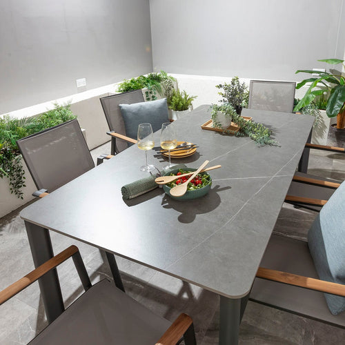 Leno & Pharos 6 Seater Ceramic Outdoor Garden Dining Set Grey Textilene