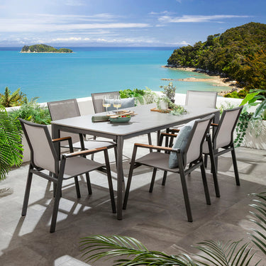 Quatropi Leno & Pharos 6 Seater Ceramic Outdoor Garden Dining Set Grey Textilene