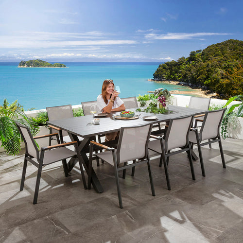 Leno & Star 8 Seater Outdoor Garden Dining Set Grey Aluminium & Textilene