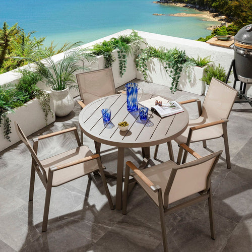 Leno & Sun 4 Seater Round Outdoor Garden Dining Set Beige Aluminium & Textilene