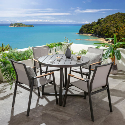 Leno & Sun 4 Seater Round Outdoor Garden Dining Set Grey Aluminium