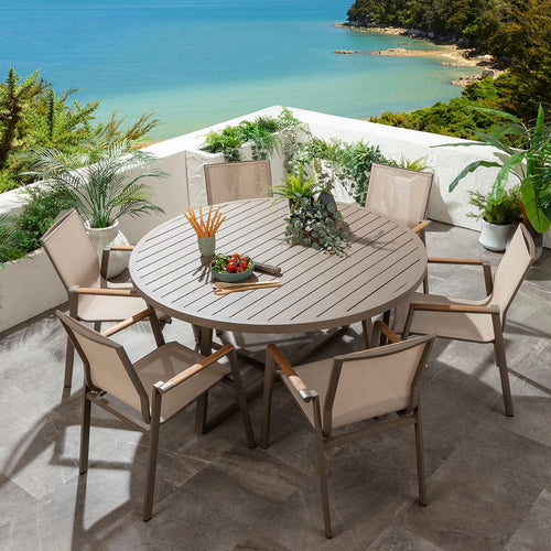Leno & Sun 6 Seater Round Outdoor Garden Dining Set Beige Aluminium & Textilene