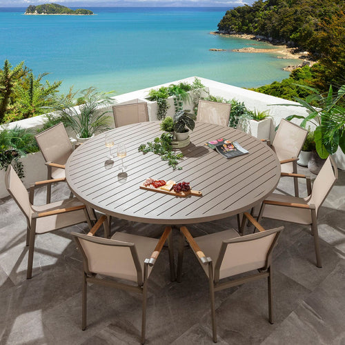 Leno & Sun 8 Seater Round Outdoor Garden Dining Set Beige Aluminium & Textilene