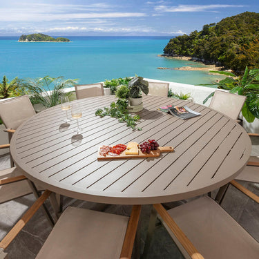 Quatropi Leno & Sun 8 Seater Round Outdoor Garden Dining Set Beige Aluminium & Textilene