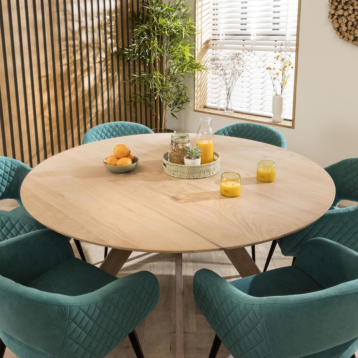 Quatropi Lucy 6 Chair Natural Round Solid Wooden Dining Set Teal