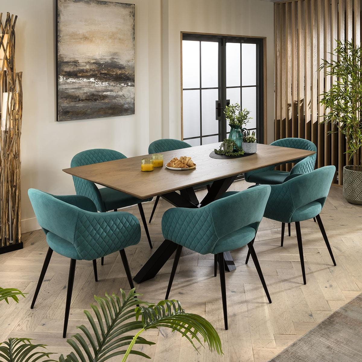 Quatropi Lucy Solid Stained 6 Seat Wooden Dining Table And Chairs Set Teal