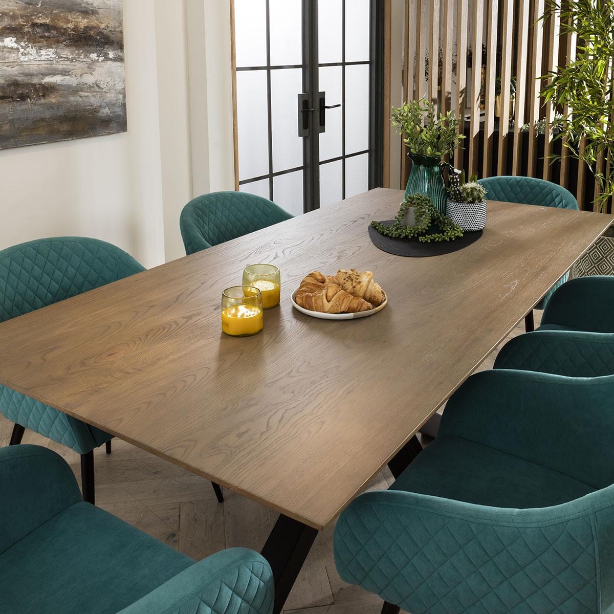 Quatropi Lucy Solid Stained 6 Seat Wooden Dining Table And Chairs Set Teal