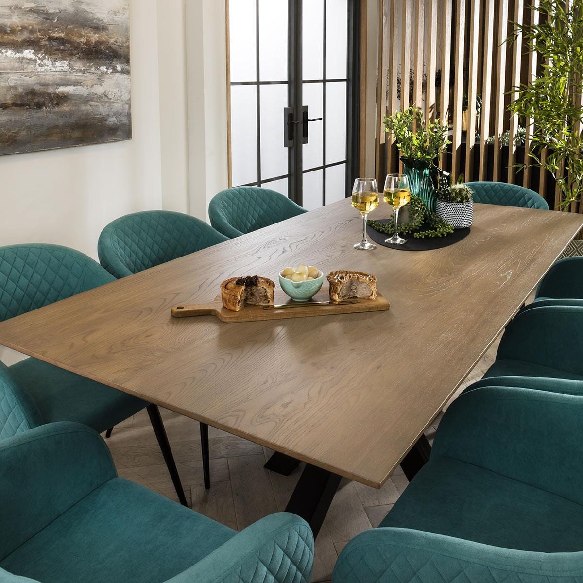 Quatropi Lucy Solid Stained 8 Seat Wooden Dining Table And Chairs Set Teal
