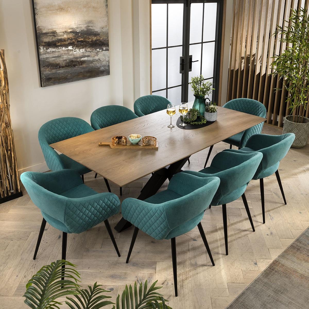Quatropi Lucy Solid Stained 8 Seat Wooden Dining Table And Chairs Set Teal