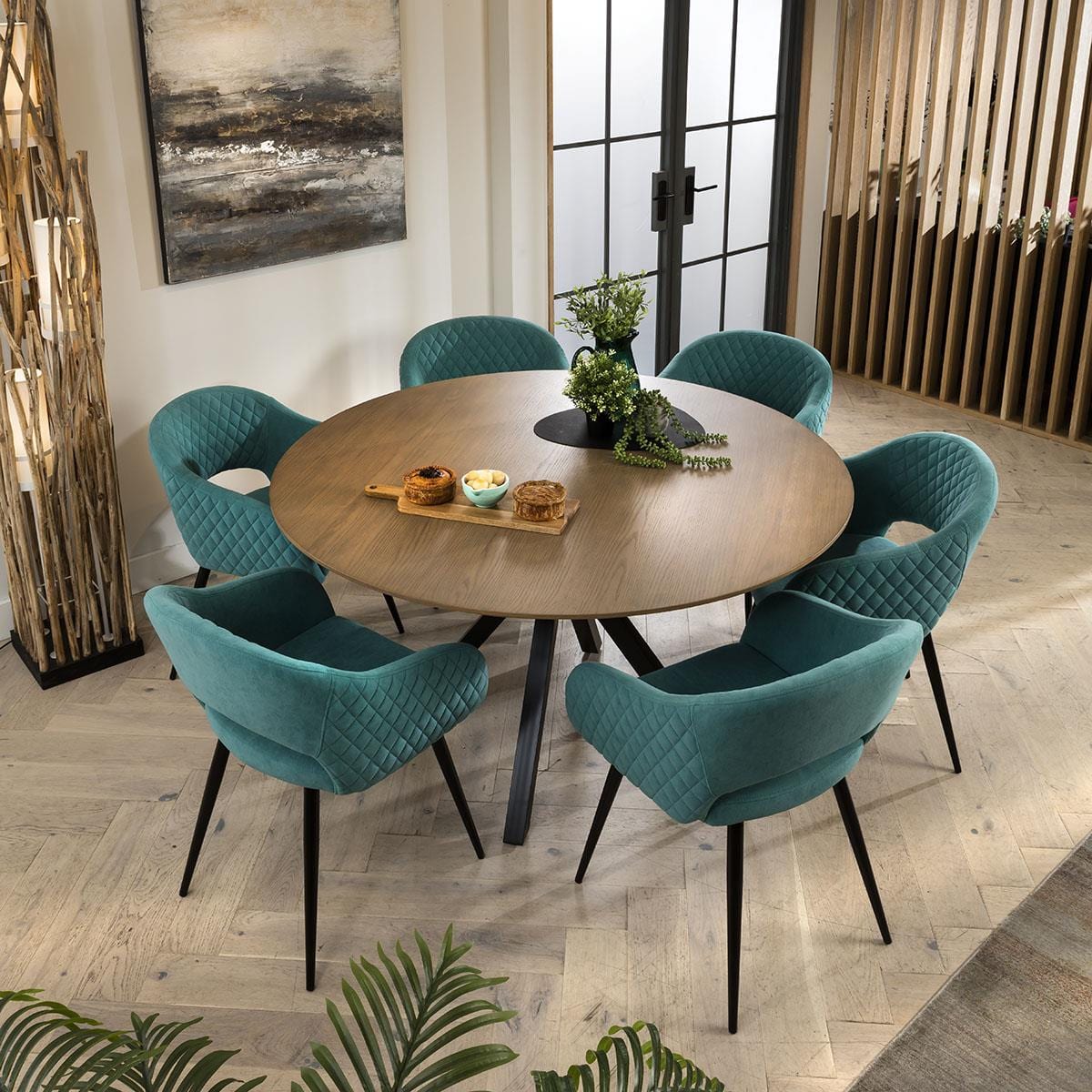 Quatropi Lucy Stained Solid Round Wooden 6 Seater Dining Set Green