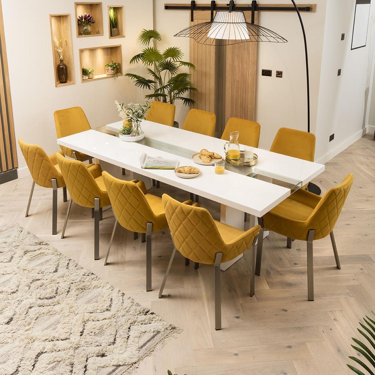 Quatropi Luna 10 Seater Dining Table and Chairs White Mustard