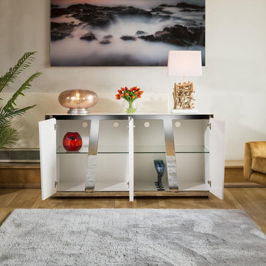 Quatropi Luxury 1600mm White Sideboard Glass Top Stainless Frame No Assy V