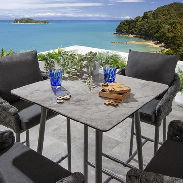 Quatropi Luxury 4 Seater Ceramic Outdoor Garden Bar Stool and Table Set Grey