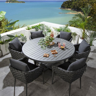 Quatropi Luxury 6 Seat Round Garden Table and Chairs Dining Set Aluminium Grey