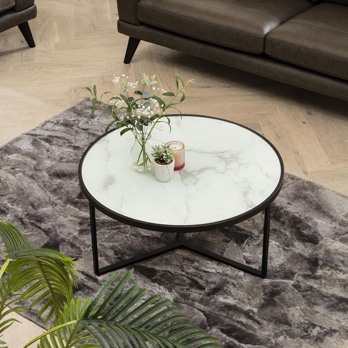 Quatropi Luxury Circular Metal Coffee Table - Round White Marble-Effect Top 80cm