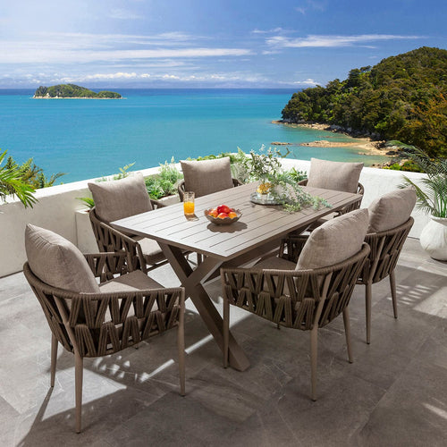 ZigZag & Star 6 Seater Outdoor Garden Dining Set Brown Rope & Beige Aluminium