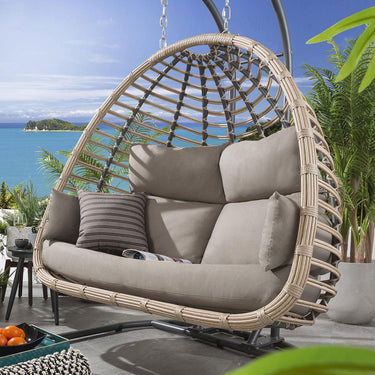 Quatropi Luxury Garden Double Hanging Egg Chair Beige Outdoor Bamboo 2 Person 