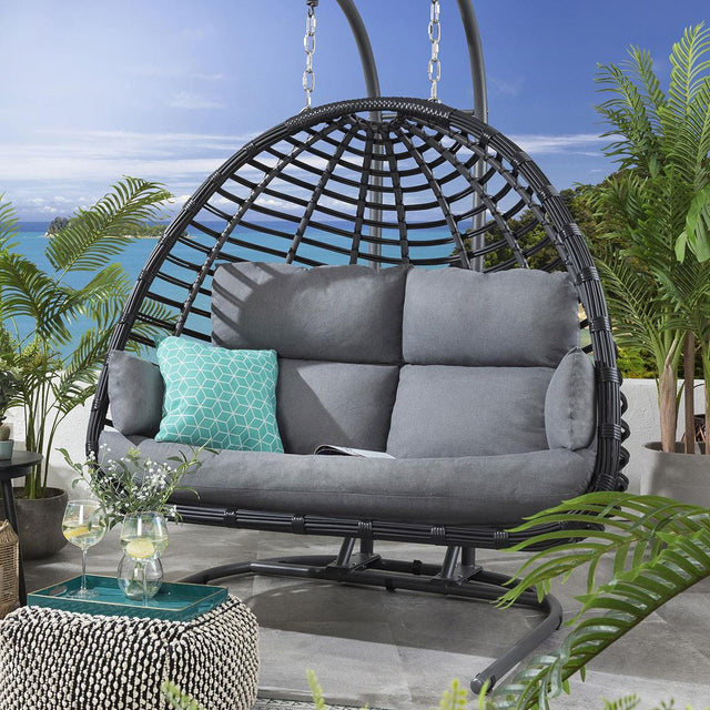 Luxury Garden Double Hanging Egg Chair Grey Outdoor Bamboo 2 Person