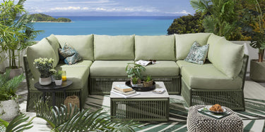 Quatropi Luxury Garden U-Shape Corner Sofa 6 Seat Outdoor Patio Green Rope Weave