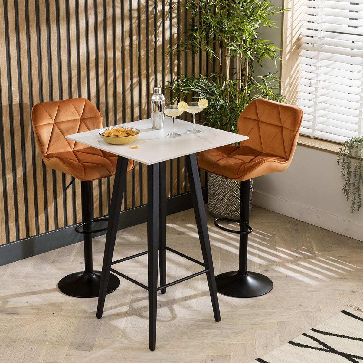 Quatropi Luxury High Table And 2 Bar Stool Set - White Ceramic Marble Bar Table - Velvet Stools